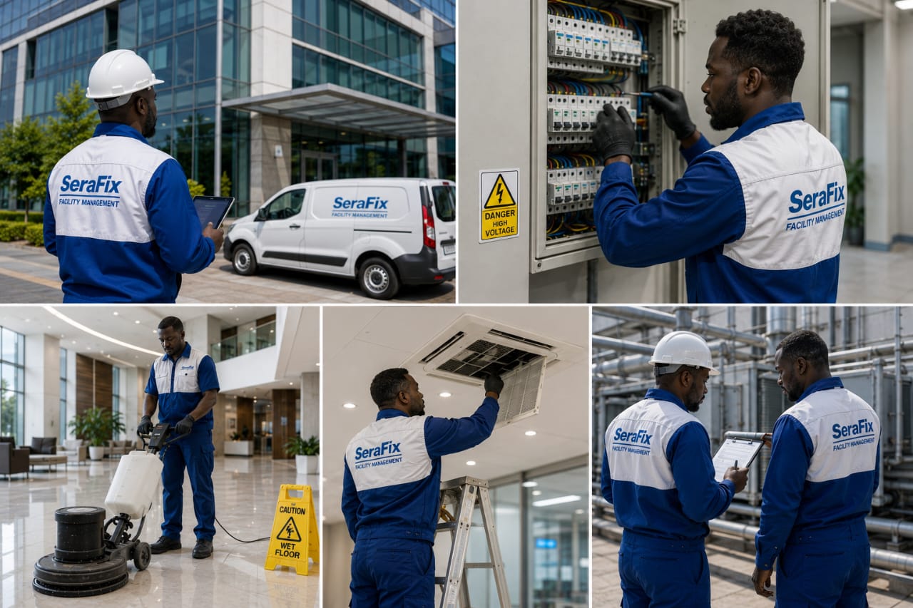 SeraFix team at work — cleaning, electrical, AC maintenance and inspections